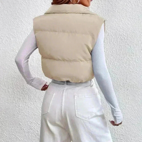Casual Women's Zipper Front Vest Puffer Khaki Coat - Picture 3 of 4